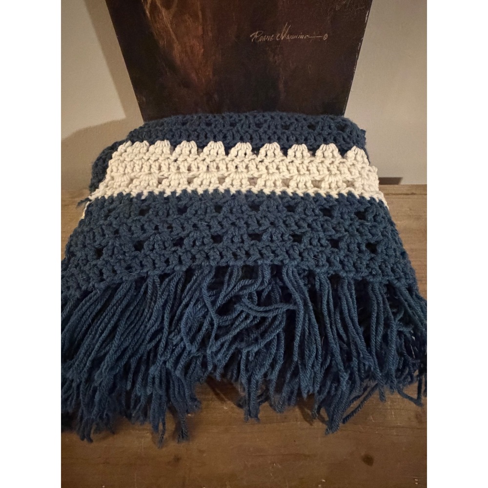 Vintage Handmade Crochet Striped Afghan Throw Blanket Navy Blue Cream Fringe